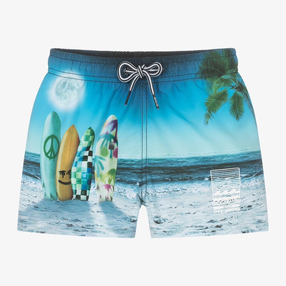 Molo Boys Blue Swim Shorts with Surfboard Print